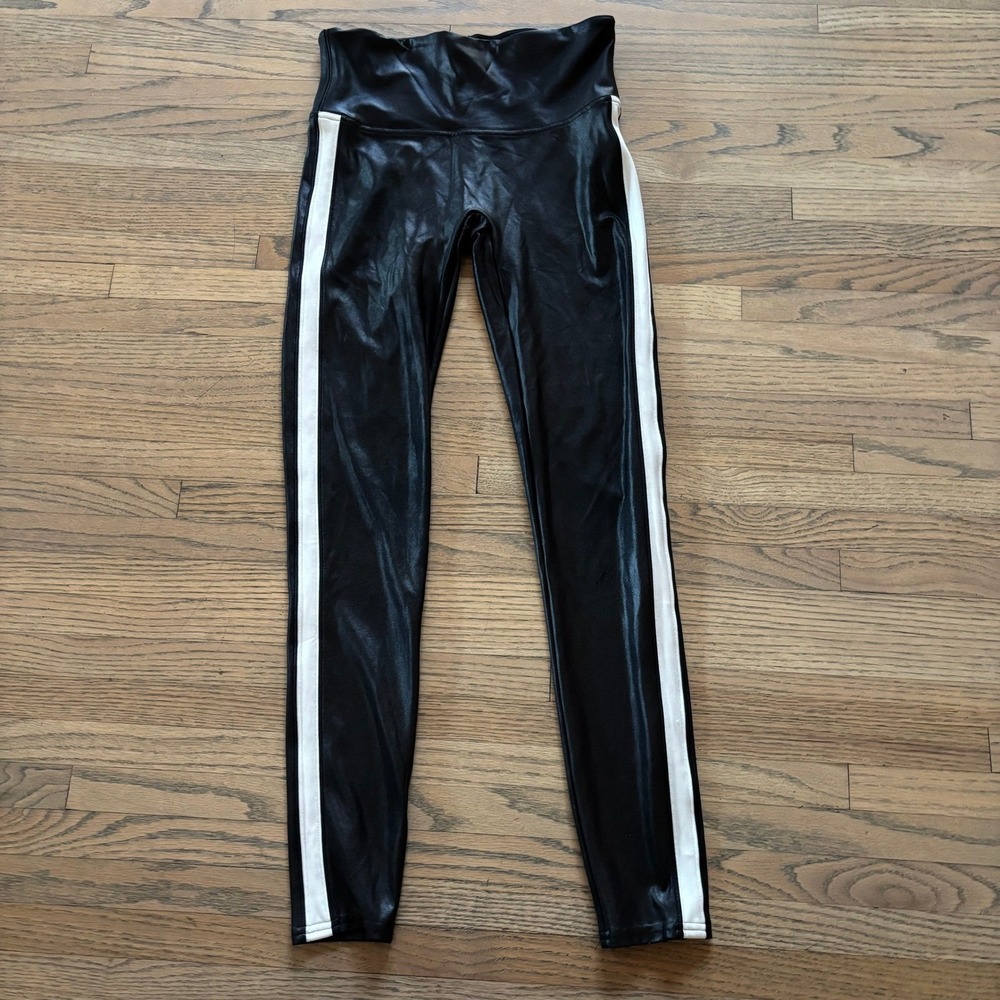 Spanx Side Stripe Leggings Black White High Rise Medium‎